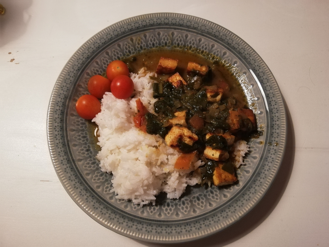 Palak Paneer med ris.